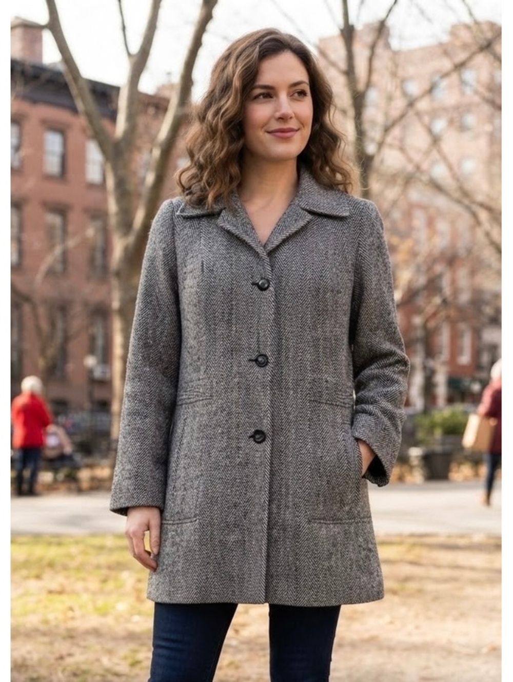 Herman Kay Gray Wool Blend Herringbone Coat Made in USA